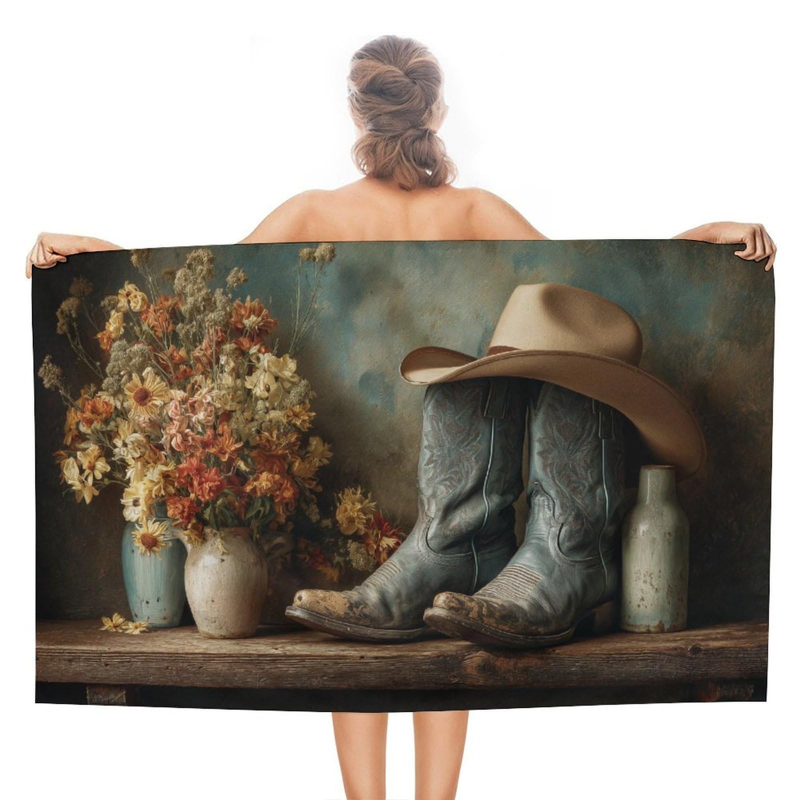 asbwuo Cowboy Boots Hat Wildflowers Vases Rustic Farmhouse Beach Towel