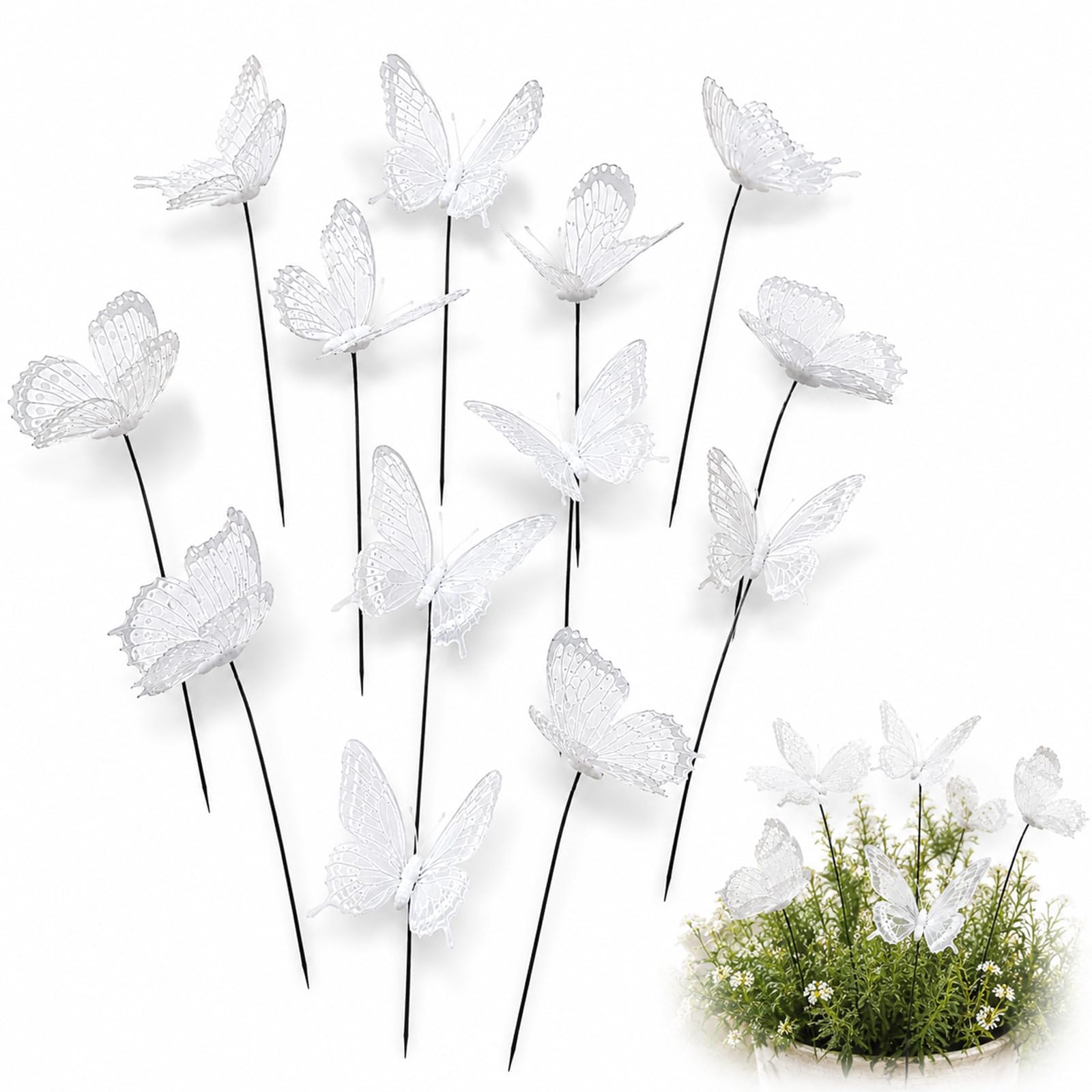 QACUU 12 Pack White Butterfly Garden Stakes, Outdoor Ornaments for Planters, Yards, Patio, Lawn & Landscaping