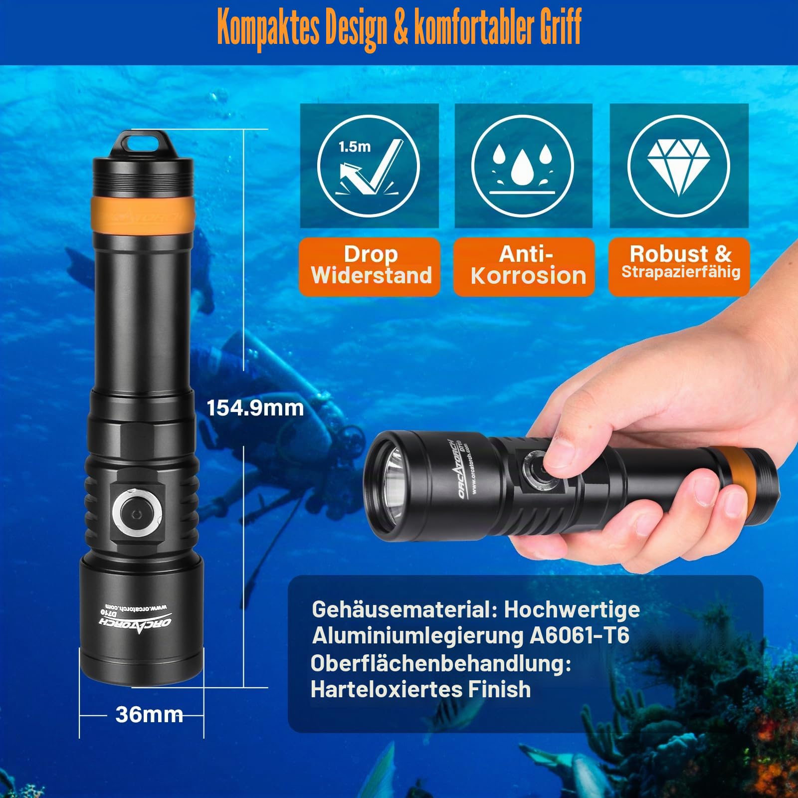 ORCATORCH D710 Tauchlampe, 3000 Lumen Taucherlampe mit 6 Grad schmalem Strahl, Unterwasser Lampe mit Batterieanzeige, IP68 wasserdichte Nachttauchlampe für 150m Unterwasser Tauchen