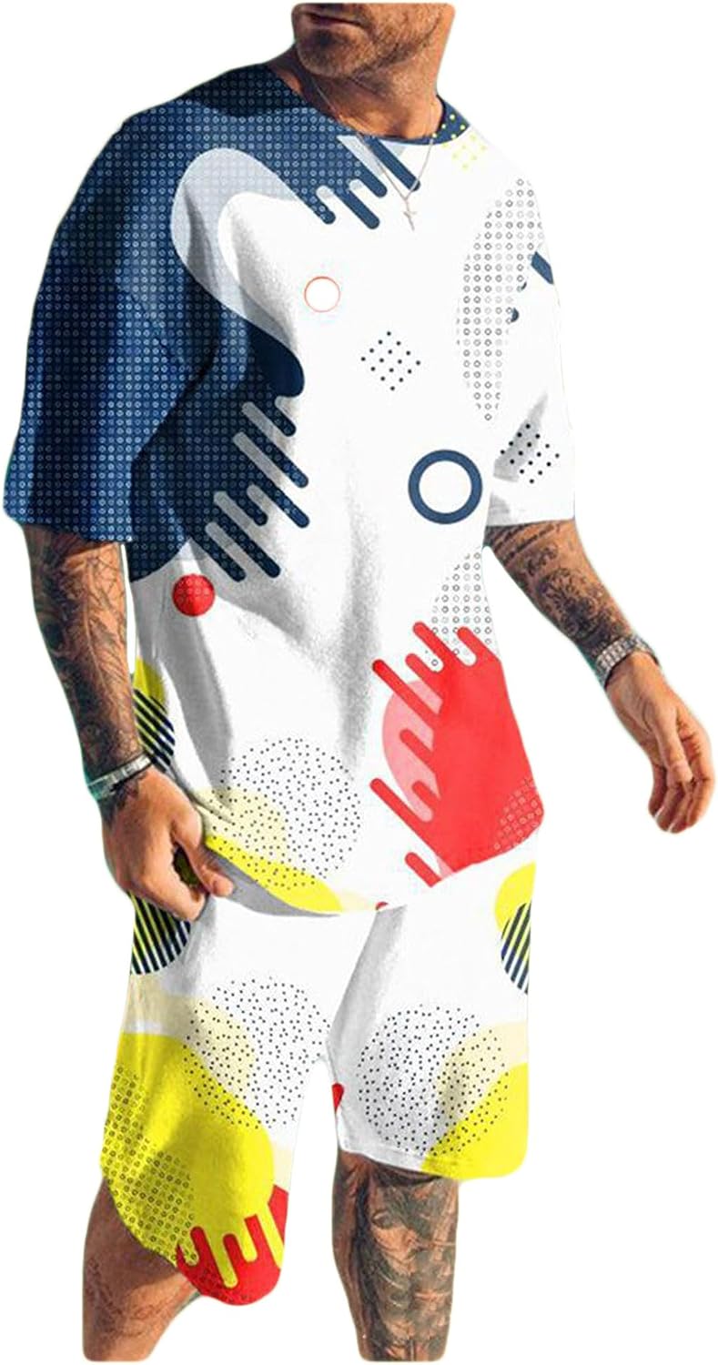 Bestgift Mens Printed Suit Casual 2 Piece Sports Tops