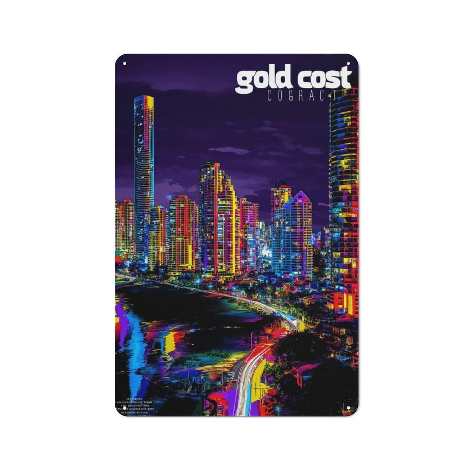 Junmoney Vibrant Gold Coast Nightscape Metal Plaque With Design 30X20cm, Vintage Bistro Wall Plaque For Coffee Bar, Kitchen, Bistro Or Tea Corner