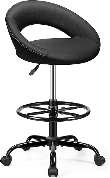 BESTFAIR Office Drafting Chair - Bar Stools with Back Support, Adjustable Foot Rest and Wheels, Shop Rolling Swivel Chair for Standing Desk Counter Kitchen Salon Home Vanity, Black