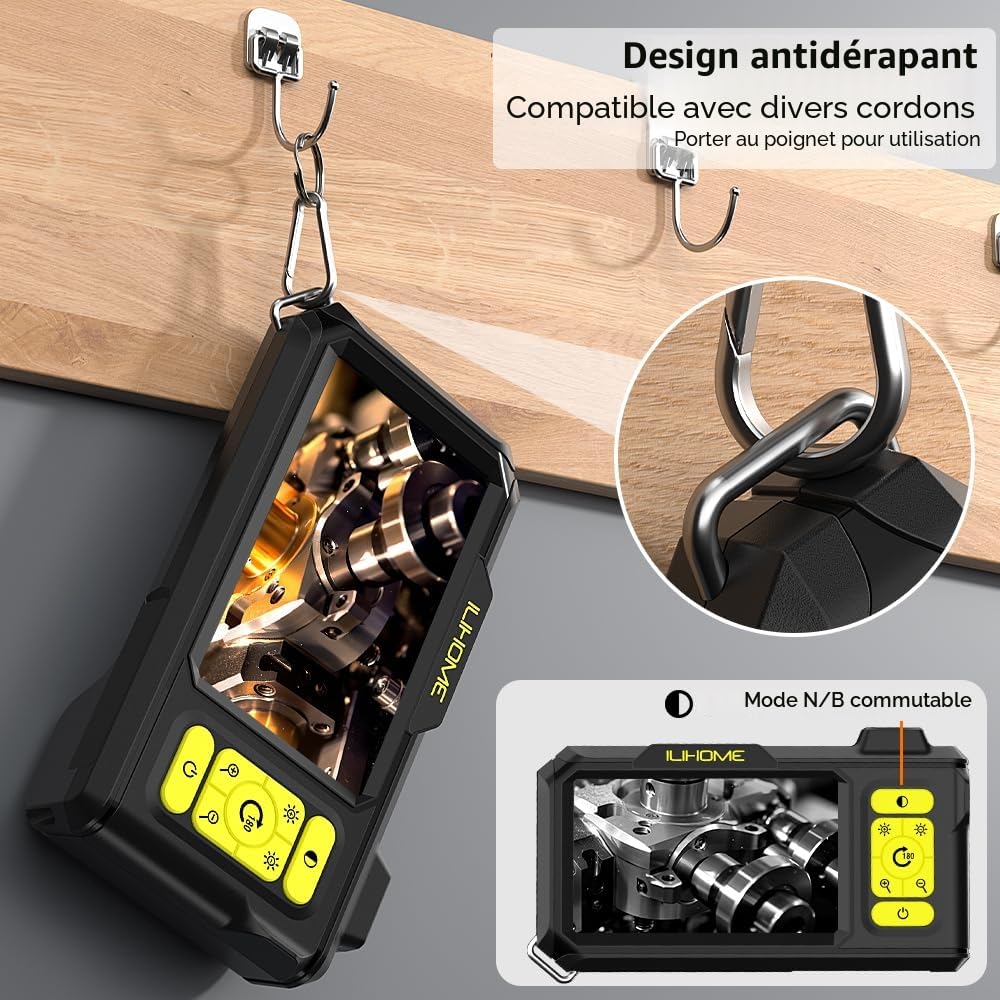 Endoscope HD 1080P avec 8 LEDs, Caméra d'Inspection 4,3" IP67 étanche, Câble Semi-Rigide 5m - Idéal pour Mécanique Auto/Plomberie
