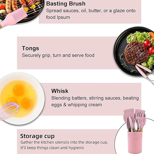 Miniatura 7 de Juego de utensilios de cocina de silicona, 12 piezas, juego de utensilios de cocina, utensilios de cocina para cocinar mango de madera con soporte