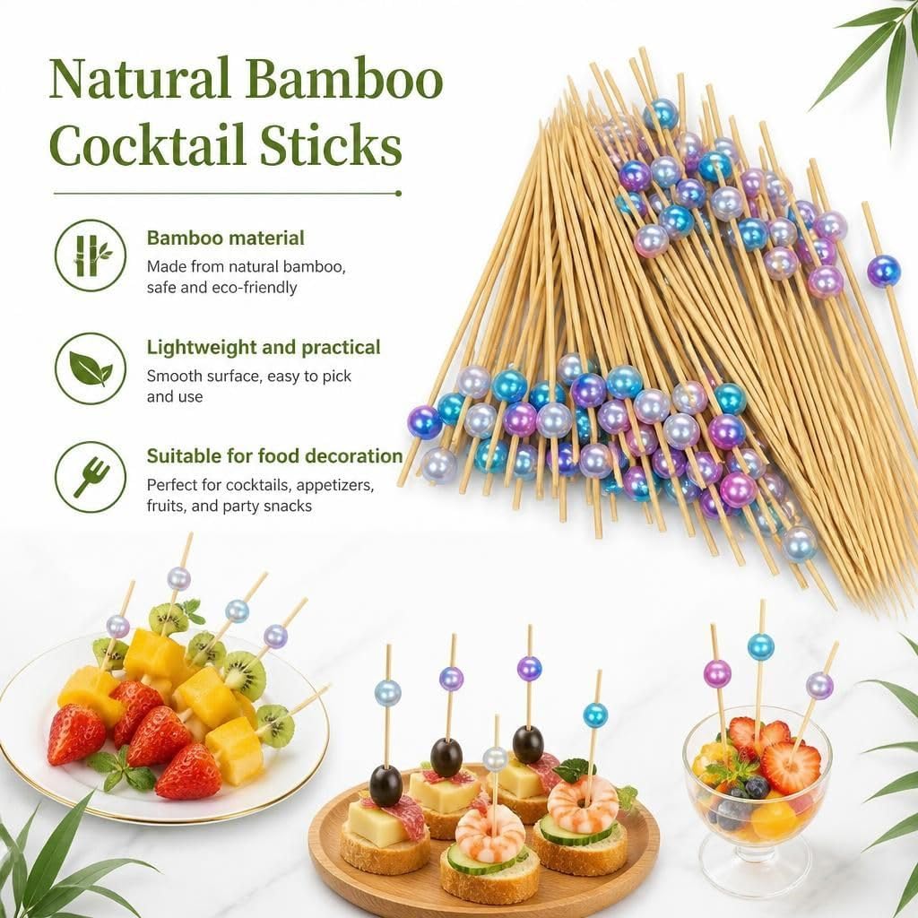 100 Cocktail Picks Pearl Toothpicks for Appetizers Bamboo Cocktail Sticks Fancy Skewers for Appetizers Drinks Charcuterie Boards Wedding Bridal Shower Party Decorations (Blue)