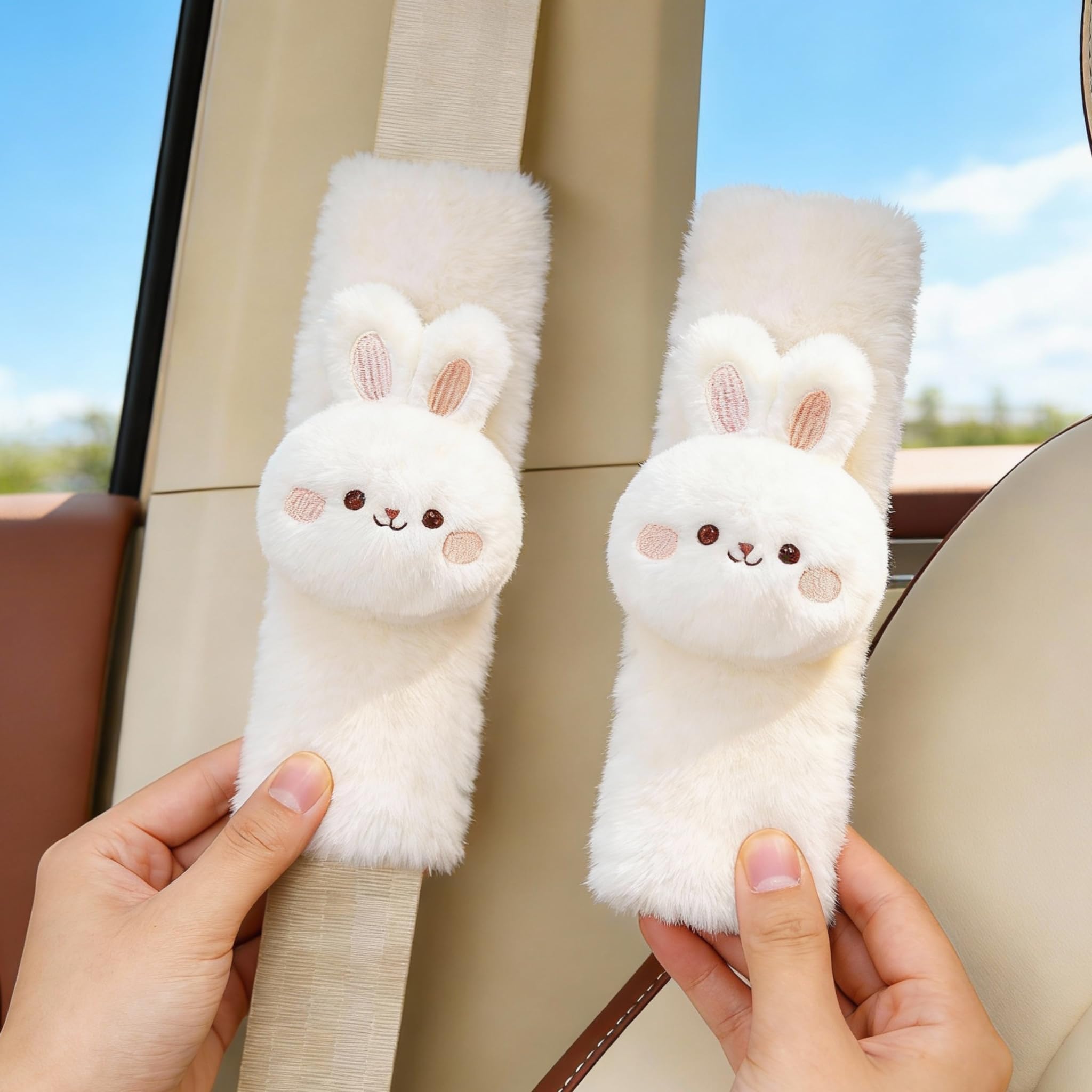 Zigihos 2 PCS Seat Belt Cover Pad, Cute Kawaii Animal Bunny Seatbelt Covers for Kids and Adults, Winter Plush Fluffy Soft Seat Belt Cover, Cartoon