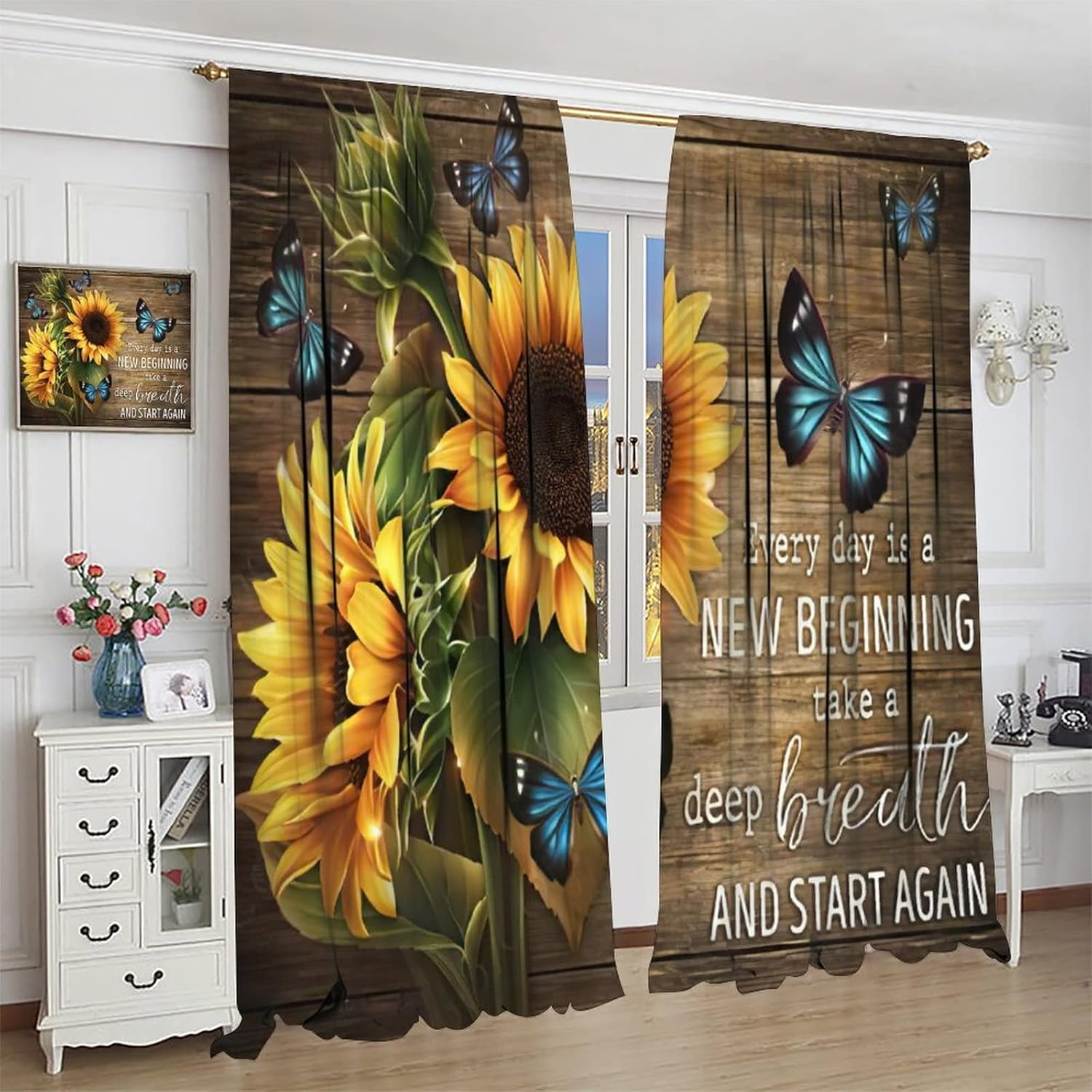 Retro Sunflower Curtains Plants Floral Butterfly Rustic Farmhouse Wooden Board Decor Window Treatment for Kitchen Bedroom Living Room Children's Room Rod Pocket Blackout Window Drapes 42x45in