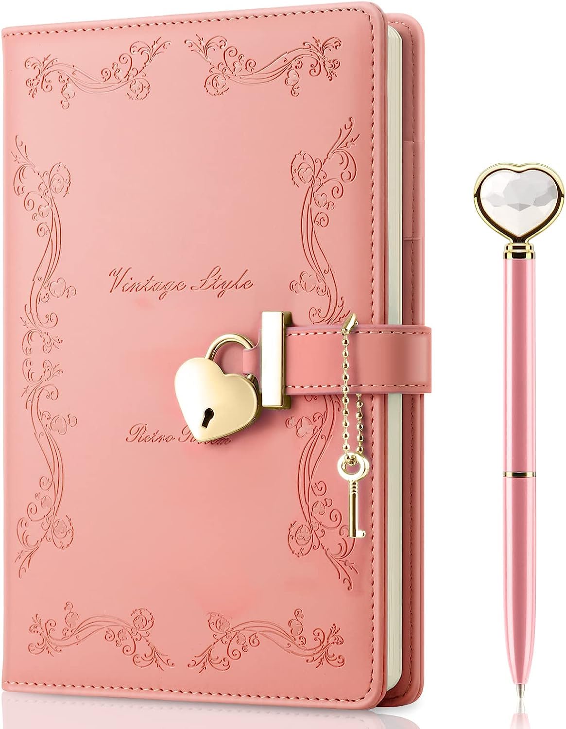 Girls Diary with Lock and Key, Cute Heart Shaped Lock Journal for Women, Refillable A5 Vintage Secret PU Leather Notebook Gift for Teen Girls (Pink)