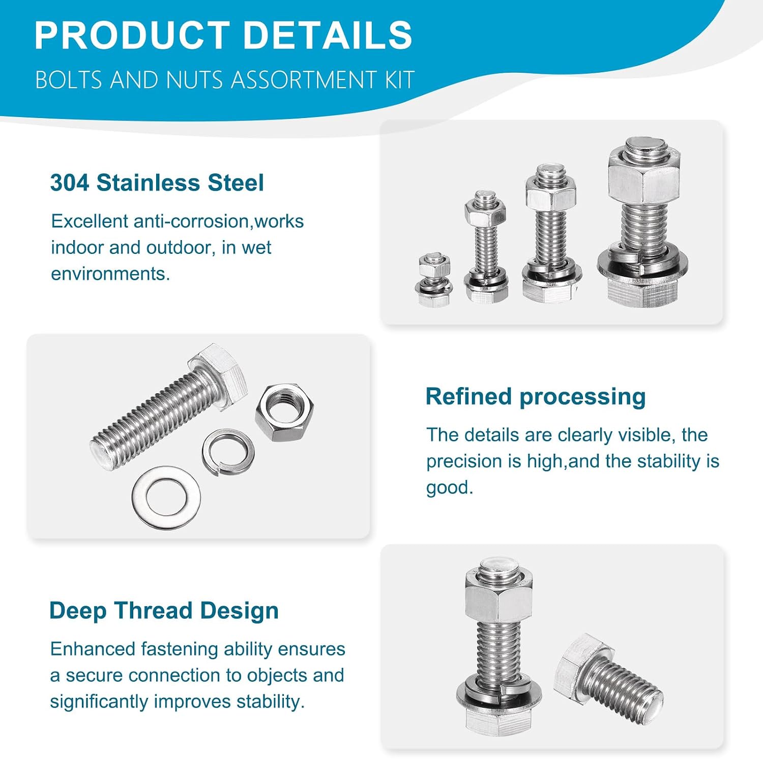M8 x 120mm 304 Stainless Steel Bolts and Nuts Assortment Kit 4 Sets