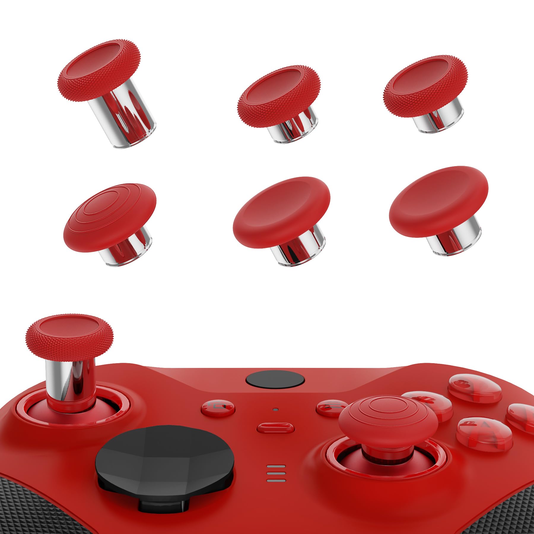 eXtremeRate 6 in 1 Magnetic Metall Thumbsticks Austauschbare Joysticks Analogsticks Kappen Tasten Set für Xbox Elite Series 2 & Series 2-Core Controller-Rot&Silber