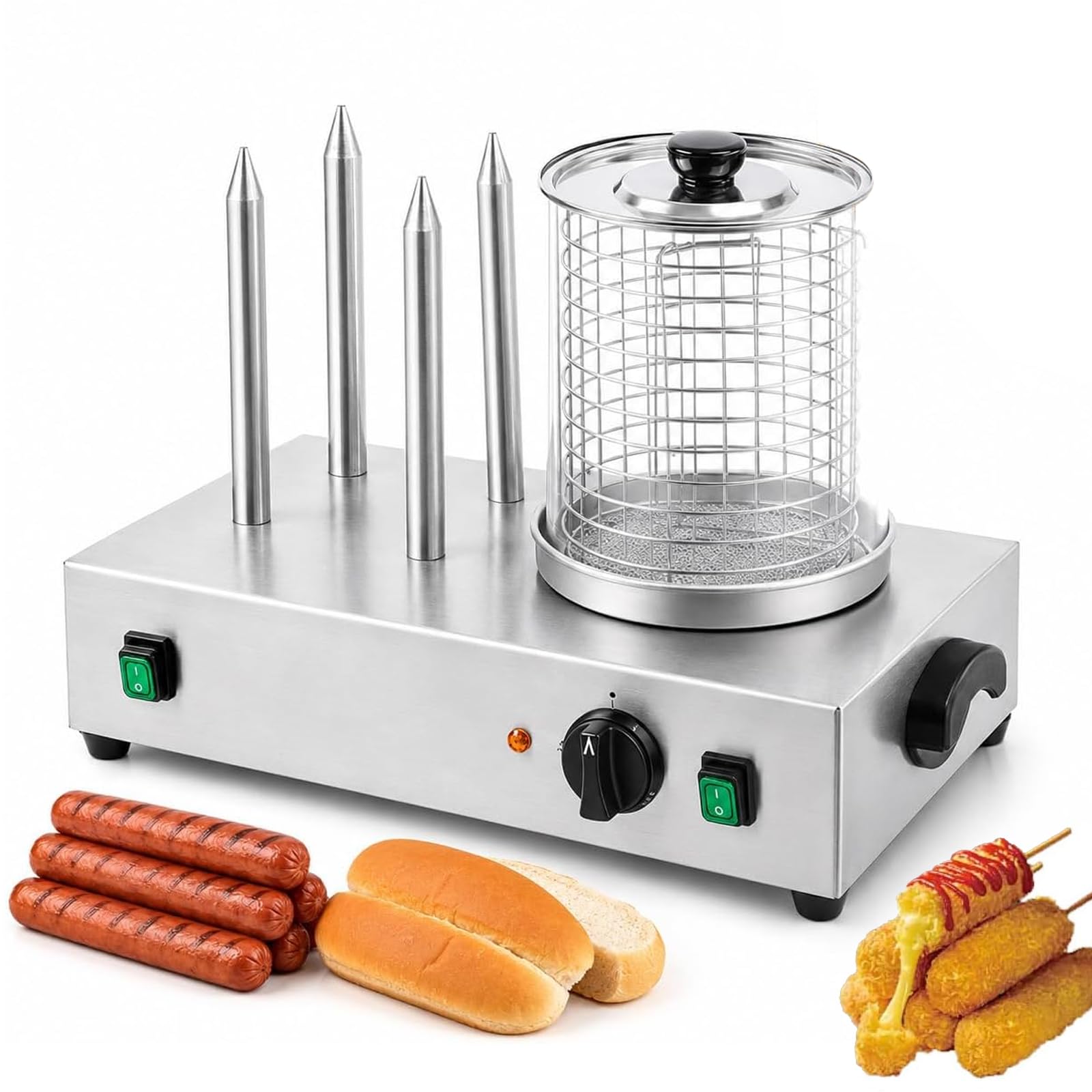 Macchina per cuocere a vapore e scaldapanini per hotdog commerciale, macchina da banco in acciaio inossidabile, 3-4 aste per tostapane e controllo della temperatura regolabile, macchina per 4 Sticks