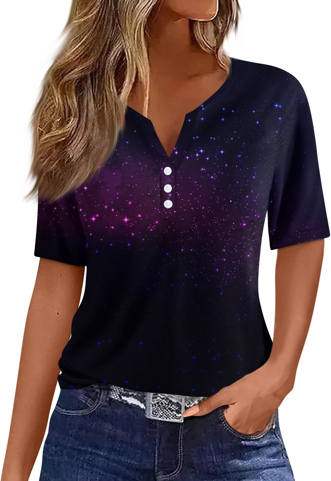 GenericWomen's Short Sleeve Summer Tops Loose Fit Oversized T Shirts V Neck Button Down Blouses Fashion Vintage Graphic Tees
