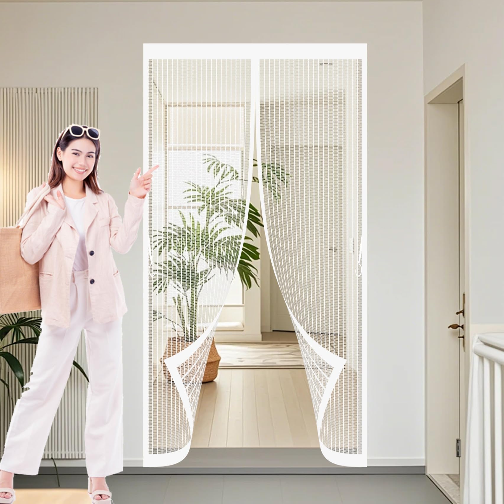 Xueqxue White Fly Screens For Doors 88 X 216 Cm With Powerful Magnets & Full Frame Magic Tape No Gap, Lets Fresh Air In, Keep Bugs Out Magnetic Thermal Door Curtain For Patio Doors Balcony,