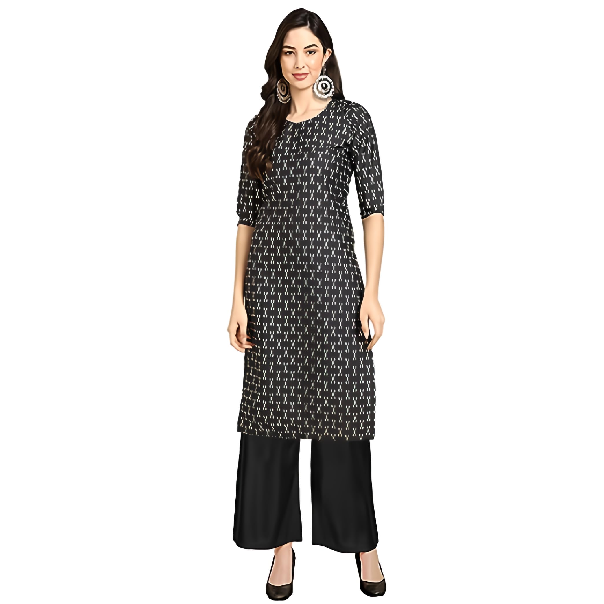 Patlani Women's Cotton Blend Printed Straight Kurta Black-Lineing-Xxl
