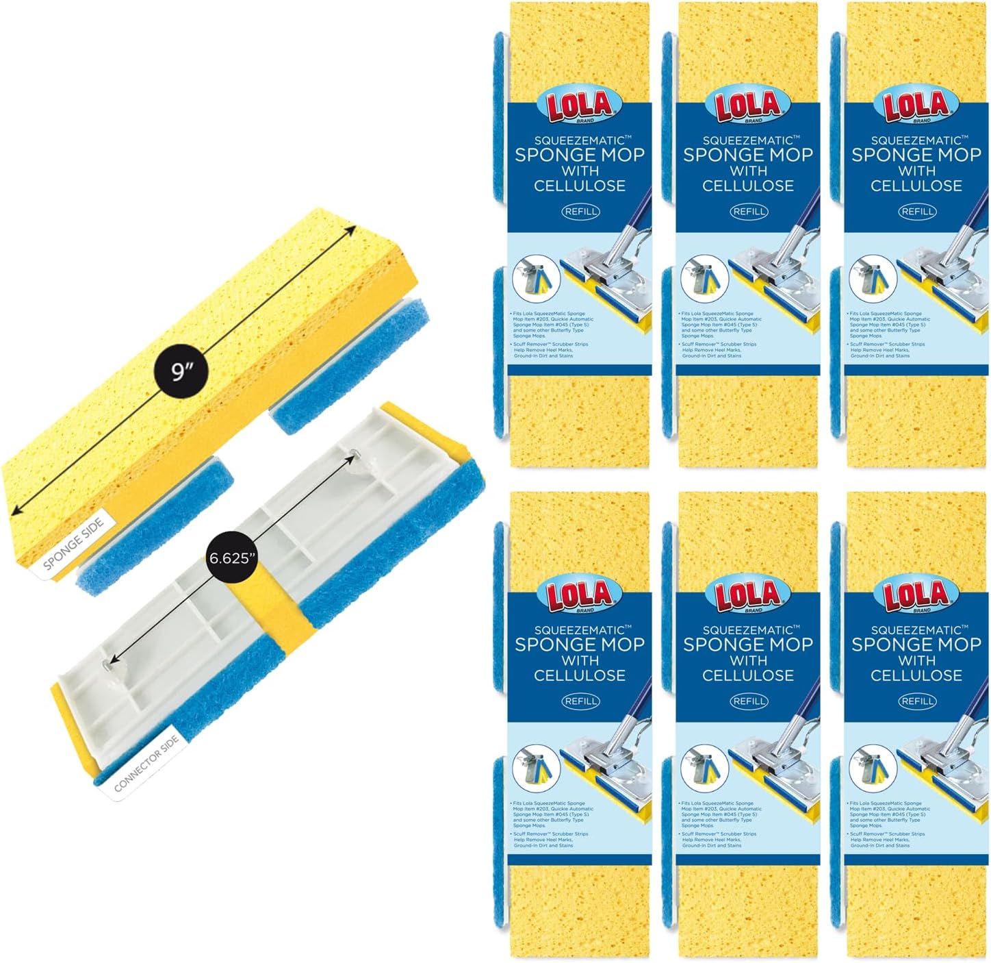 LOLA Cellulose SqueezeMatic Butterfly Sponge Mop Refill, 9", 6 Pack, Refill Head, Floor Cleaning, Compatible w/Quickie Type S Sponge Mop