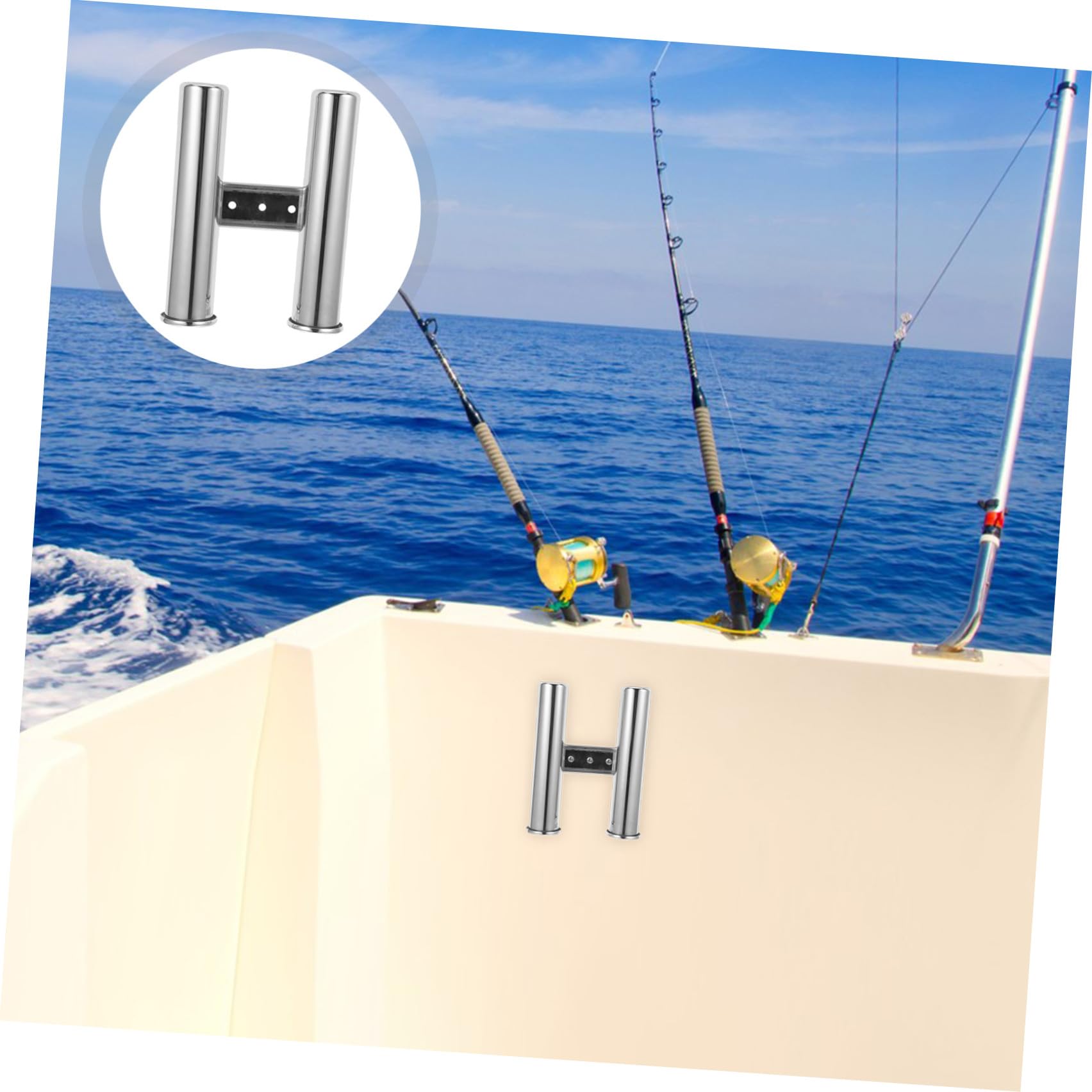 Supporto Doppio per Canne da Metallo Inossidabile Argento, Porta Canna da Barca Robusto con Funzione di Drenaggio, per Pesca Sportiva Mare