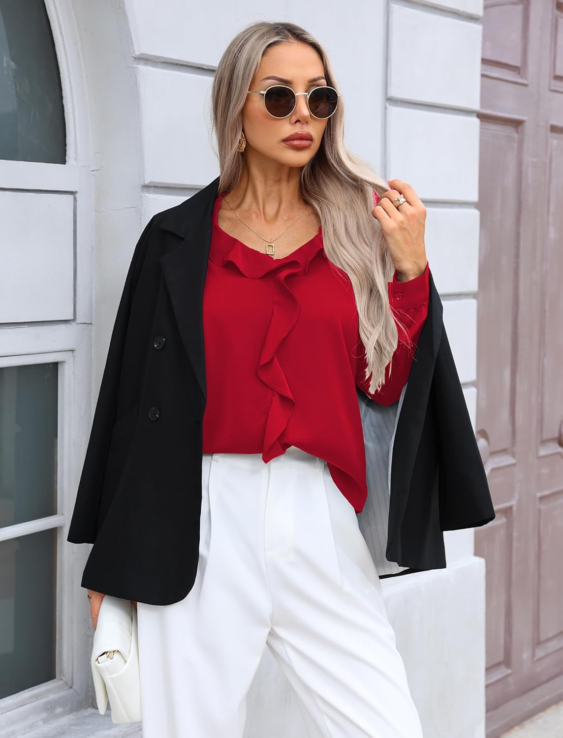 Halife Womens Dressy Casual Blouses Long Sleeve Business Tops Ruffle V Neck Trendy Work Shirts - Image 5