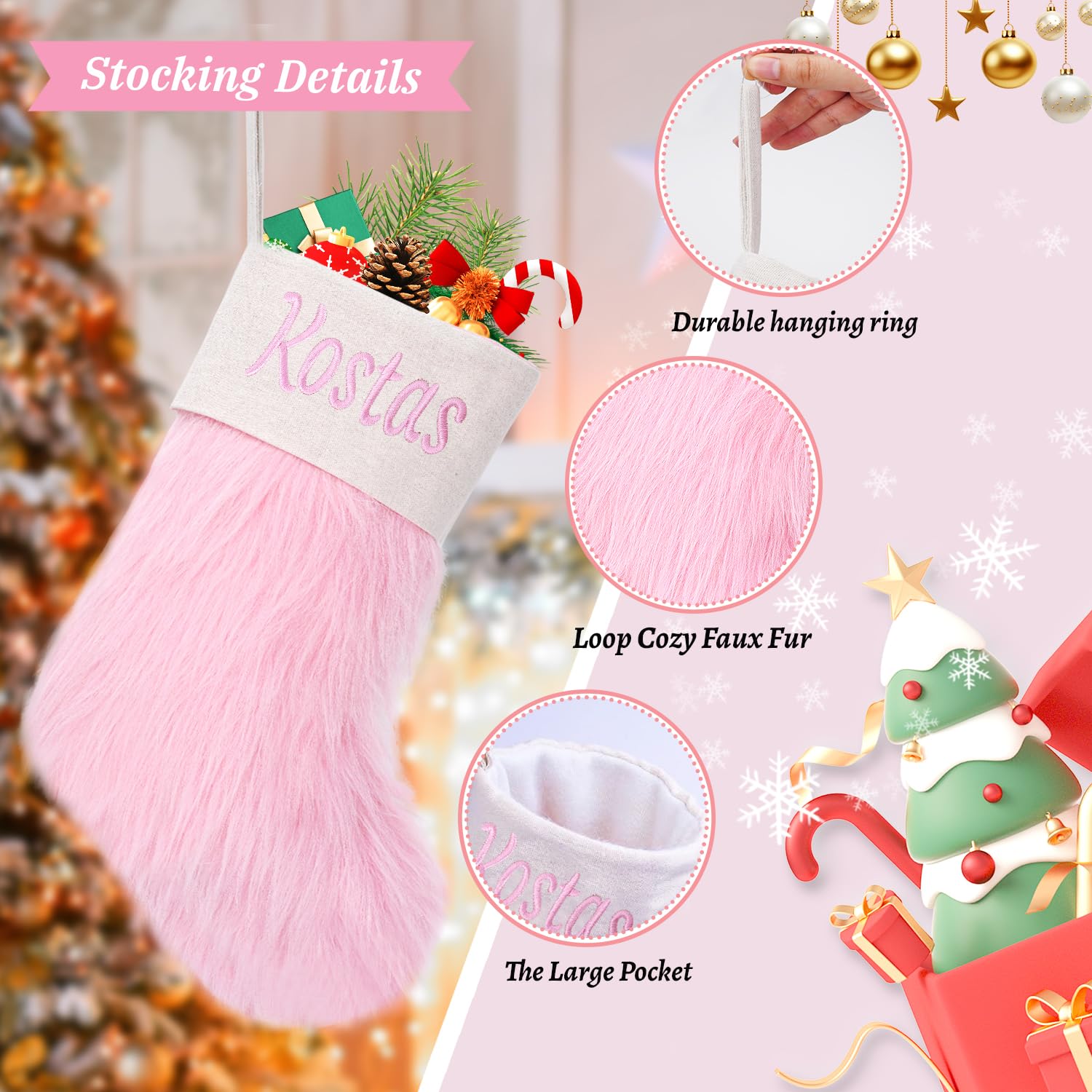 Ulico Pink Lovely Personalized Christmas Stockings Cozy Faux Fur Christmas Stocking 18