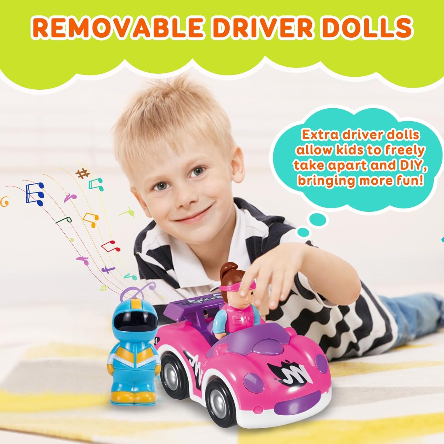 Pup Go Toddler RC Cartoon Race Car for 18 Months for Girls, 2 Removable Interchangeable Dolls with Music and Lights, First Remote Control Racing Car (Pink Purple)
