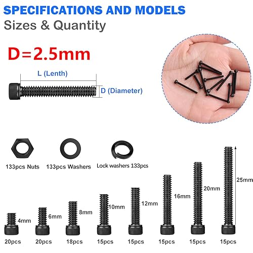 Miniatura 37 de mxuteuk Juego de tornillos M3 de 620 piezas, tornillos M3 adecuados para impresoras 3D, acero de aleación de grado 12.9 de 6/8/10/12/16/0.787 in