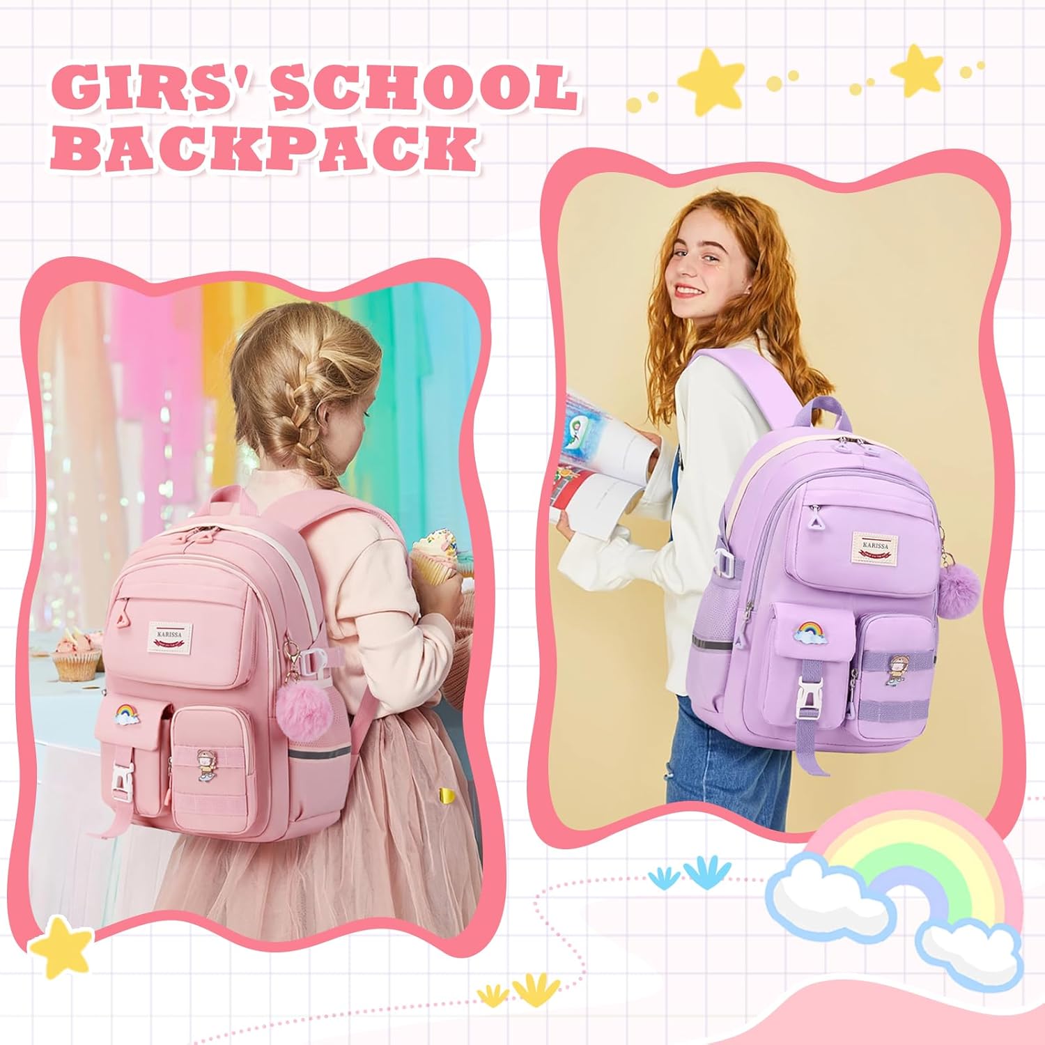 Kawaii Girls Backpack for School, Cute Teenage Multiple Pockets Backpack, Fashion Bookbag for Primary Elementary High School, Pink - Image 6