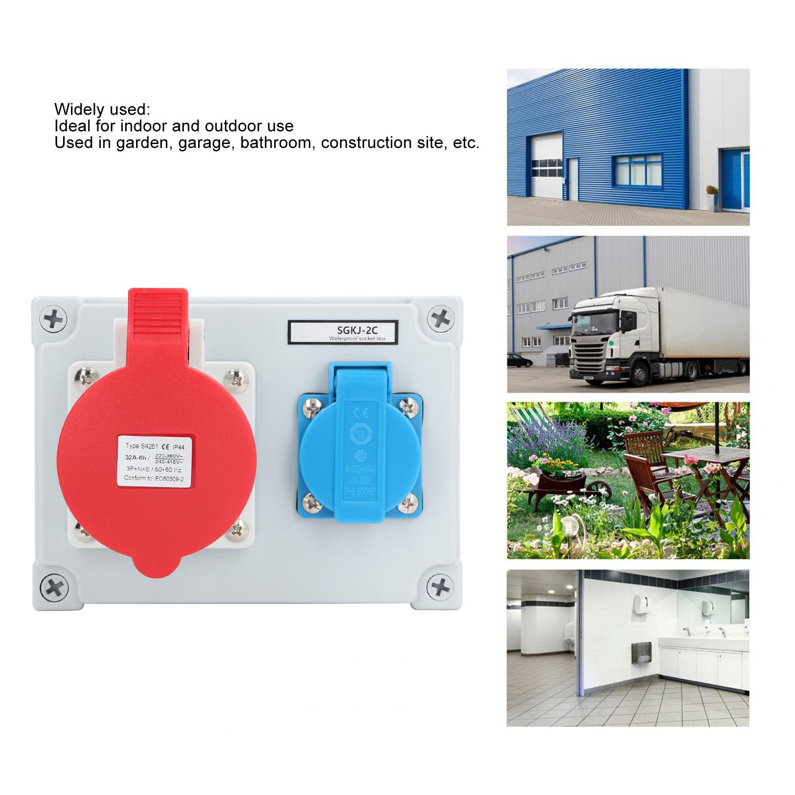 Presa a Muro Esterna IP44 Stagna con Presa Europea 16A e Connessione CEE 5 Poli 32A per Giardino, Garage, Bagno, Cantiere – Scatola Protetta Resistente all'Acqua