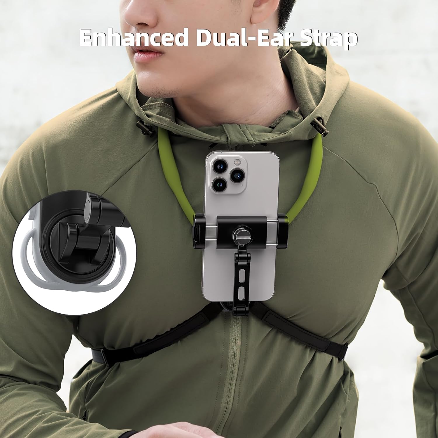 TELESIN° Neck Phone Holder POV/Vlog Neck Mount for Phones with Phone Clip, Hands Free Phone Neck Holder w Chest Strap Neck Selfie Mount Video Recording for iPhone Samsung Google Pixel (Green)