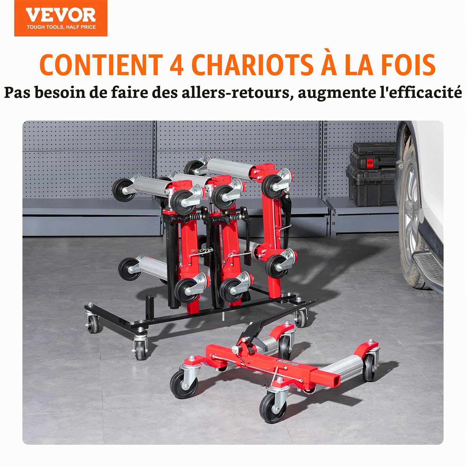 VEVOR Support pour Chariot de Manutention de Voiture Universel, Organisateur de Chariot Déplace Voiture avec Roues Rotatives à 360 °, Support de Rangement pour Chandelles, Capacité 4 Chariots