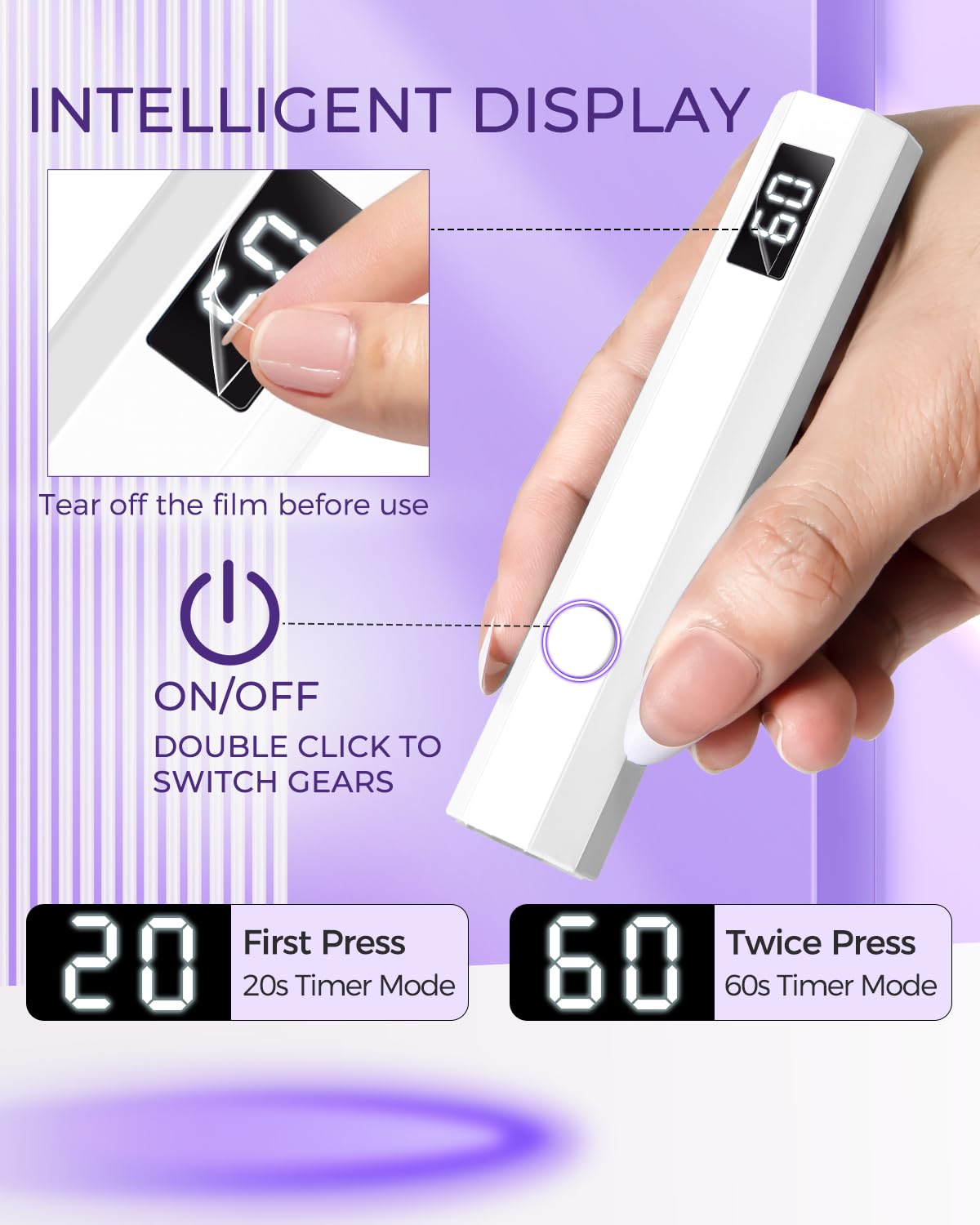 mlogiroa Mini luz UV para uñas, luz de curado de mano, lámpara LED portátil de 3 W con 2 ajustes de temporizador, 20/60 segundos, para el hogar, salón de belleza, esmalte de gel para mujeres (blanco)