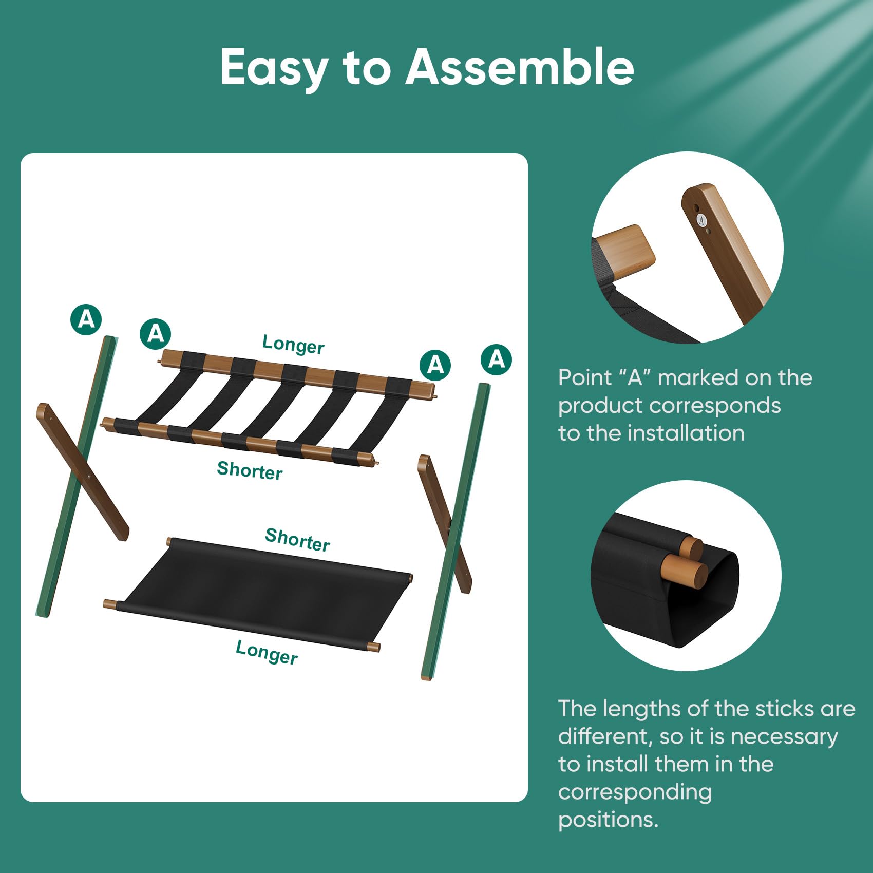 Smuxee Paquete de 2 portaequipajes de bambú de nogal, soporte plegable para maleta con estante de almacenamiento, soporte de equipaje fácil de montar con 5 correas de nailon para habitación de