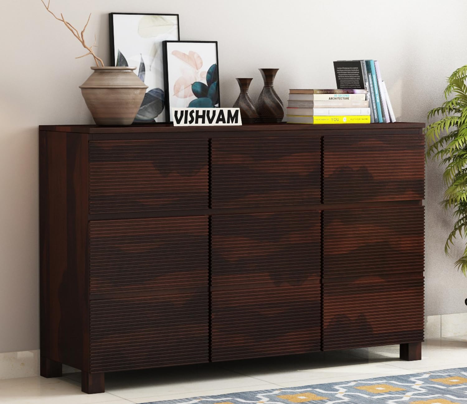 VISHVAM Solid Premium Sheesham Wood Wooden Sideboard Storage Cabinet and Chest of Drawers with 3 Drawers and 6-Shelf Storage (Walnut Finish)-picture-10