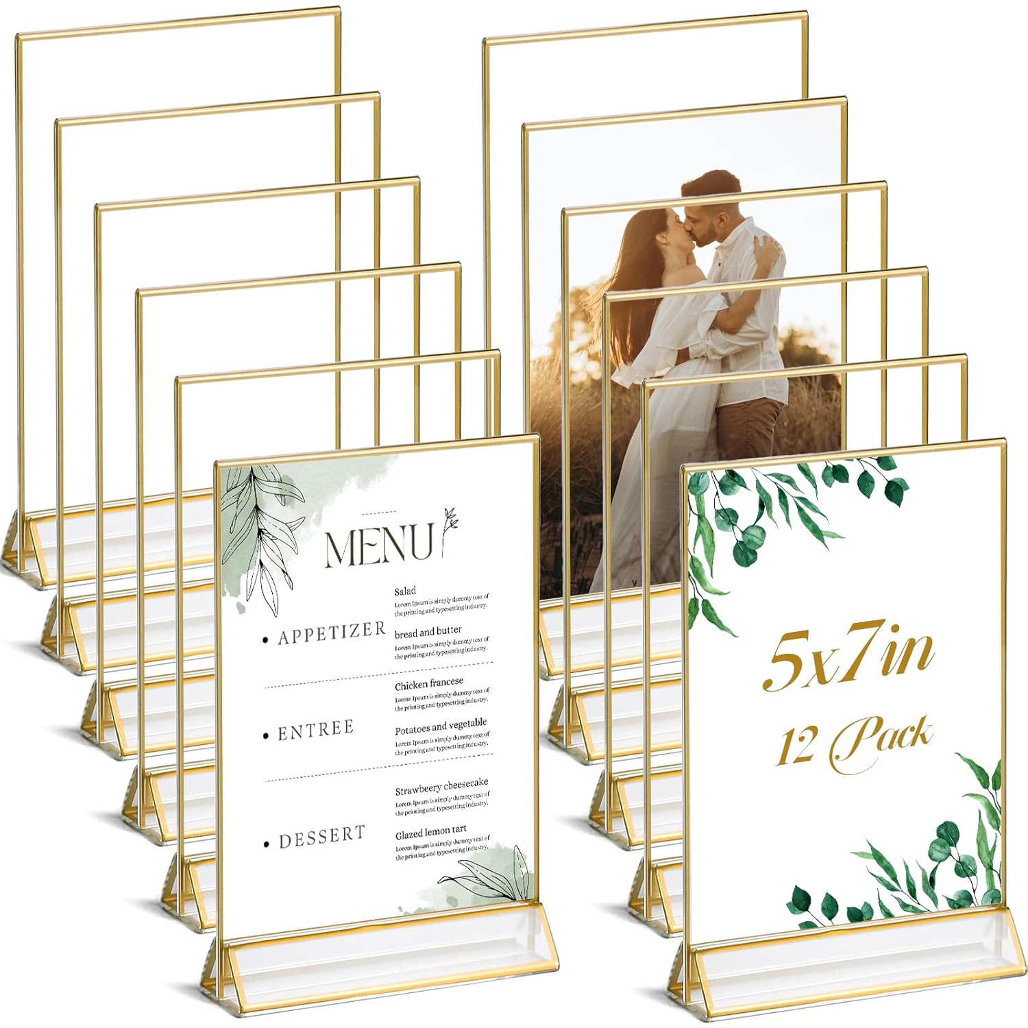 UNIQOOO Acrylic Sign Holders with Golden Border, Portrait View, Pack of 12 | 5x7 Double Sided Clear Frame, Perfect for Wedding reception, Centerpiece, Decoration, Party,Anniversary, Event