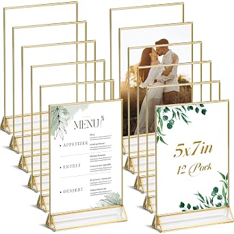 UNIQOOO Acrylic Sign Holders with Golden Border, Portrait View, Pack of 12 | 5x7 Double Sided Clear Frame, Perfect for Wedding reception, Centerpiece, Decoration, Party,Anniversary, Event