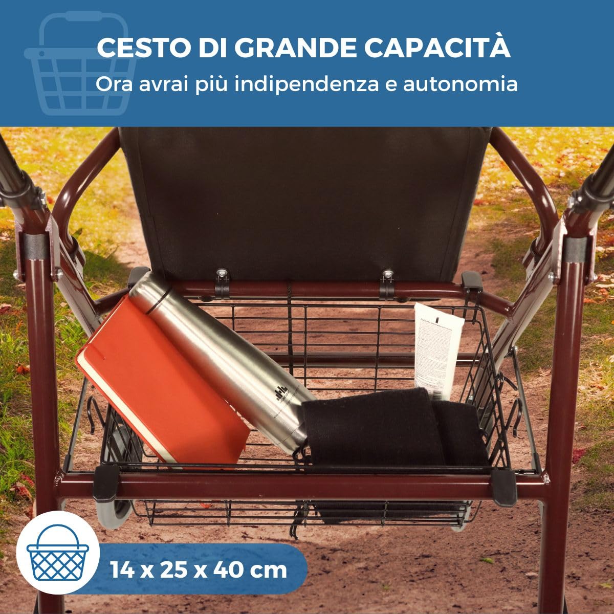 Mobiclinic, Deambulatore con cuscino in memory-foam, Prado plus freni a pressione, Alluminio, Pieghevole, Cesta, Seduta, Per, Girello anziani, Leggero, 4 ruote, Bordeaux