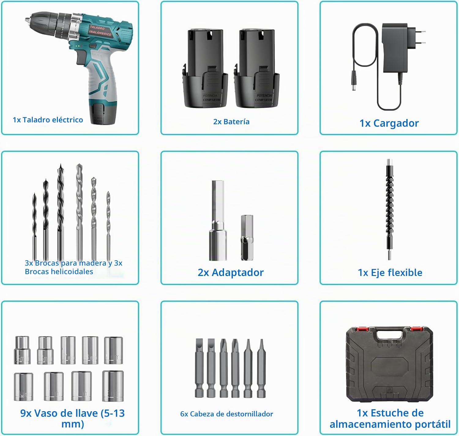 Taladro Atornillador 12V Compacto – Kit Completo para Hogar y Bricolaje: 25 Nm, 2 Baterías 2000 mAh, 25+3 Ajustes, Set de 24 Piezas con Bolsa – Ideal para Montaje de Muebles y Pequeñas Reparaciones