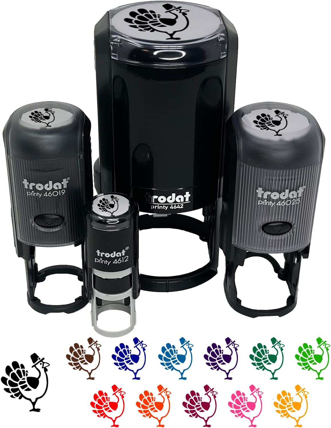 Cartoon Thanksgiving Turkey with Pilgrim Hat Self-Inking Rubber Stamp Ink Stamper for Stamping Crafting Planners - 1-1/2 Inch Large - Blue Ink