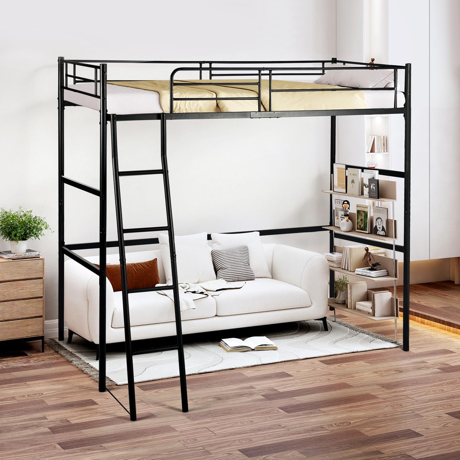 Cama Alta 90 x 200 cm, Cama de Hierro con Escalera, Cuna con Marco de Hierro, Negro, para Habitaciones Juveniles | Cama de hierro con escalera, estructura robusta, color negro, ideal para habitaciones juveniles, soporta hasta 150 kg