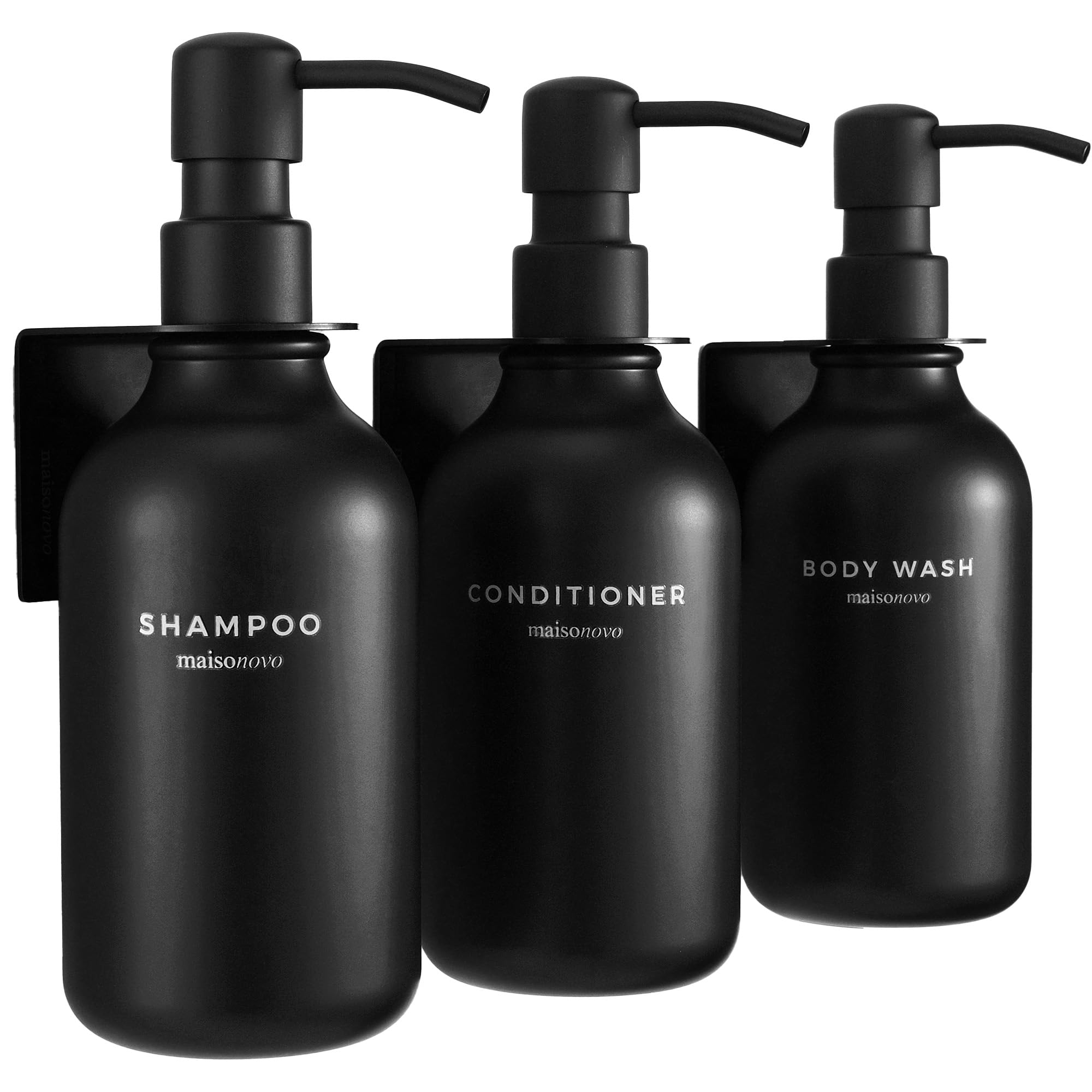 MaisoNovo Shampoo and Conditioner Dispenser - Wall Mounted Shower Soap Dispenser, Set of 3 Black Plastic Bottles with Black Plastic Pumps