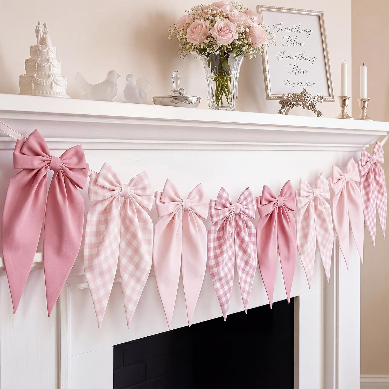 1 String of 8 Pcs Bow Garland Banner Decor Fabric Bow Banner Vintage Bows Hanging Garland Elegant Mantel Wall Decor for Baby Shower Birthday Wedding Party Decorations(Pink,Plaid)