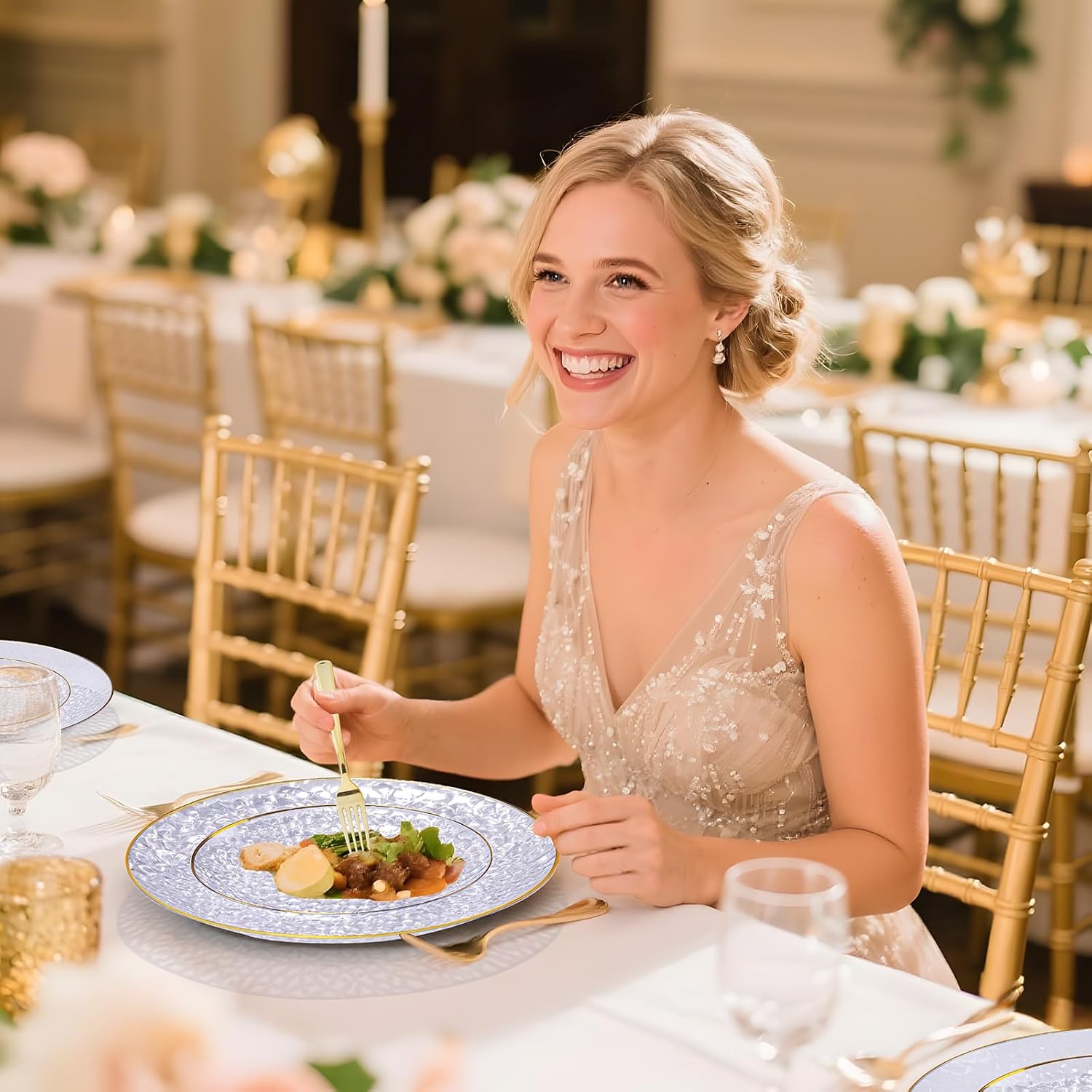 DaYammi 350PCS Clear Gold Plastic Dinnerware Set for 50 Guests, Hammered Disposable Plates for Party, Include: 50 Dinner Plates, 50 Dessert Plates, 150 Gold Silverware, 50 Napkins, 50 Cups - Image 6