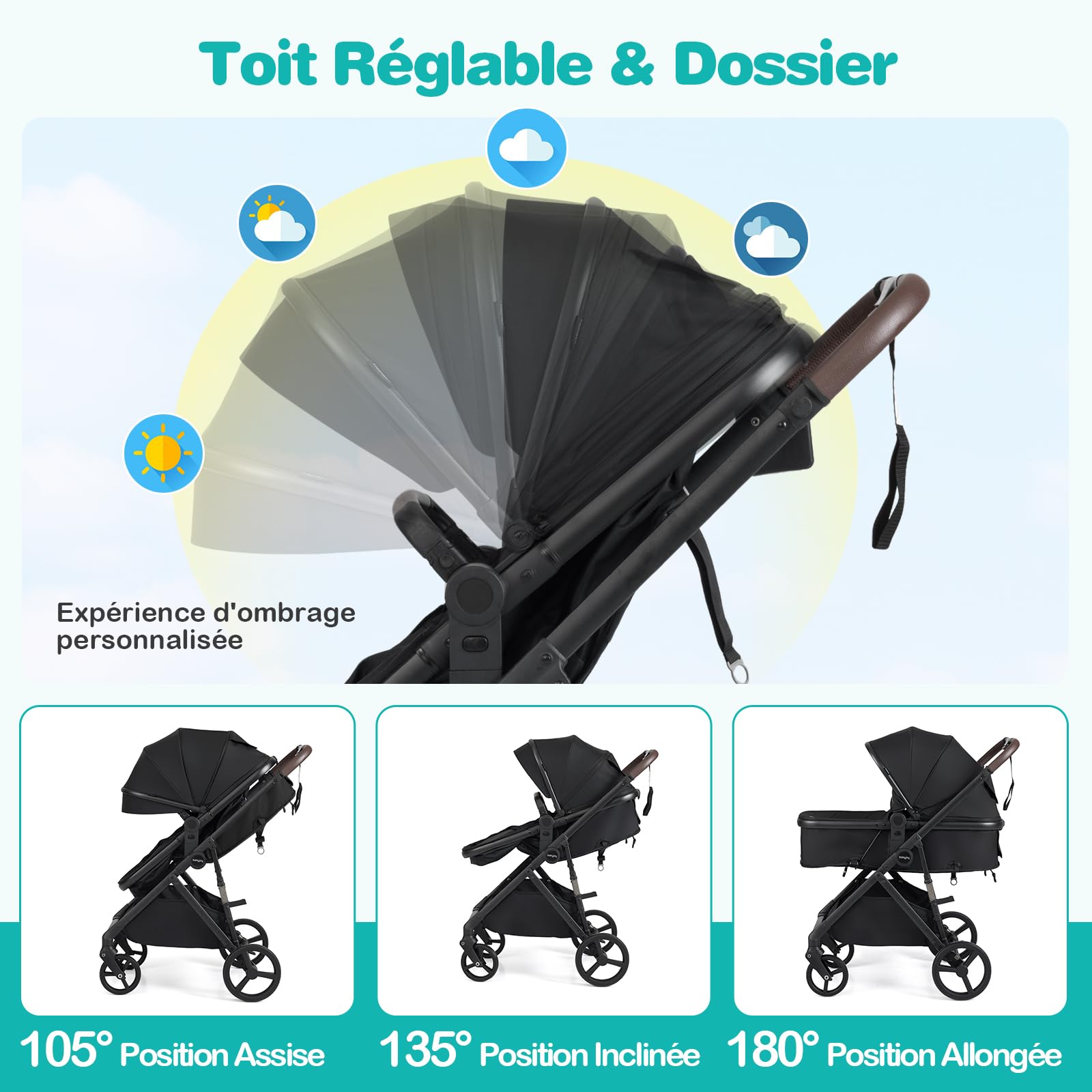 COSTWAY Poussette 3 en 1 Pliable Siège Réversible Nacelle 0-3 Ans 22 kg Noir