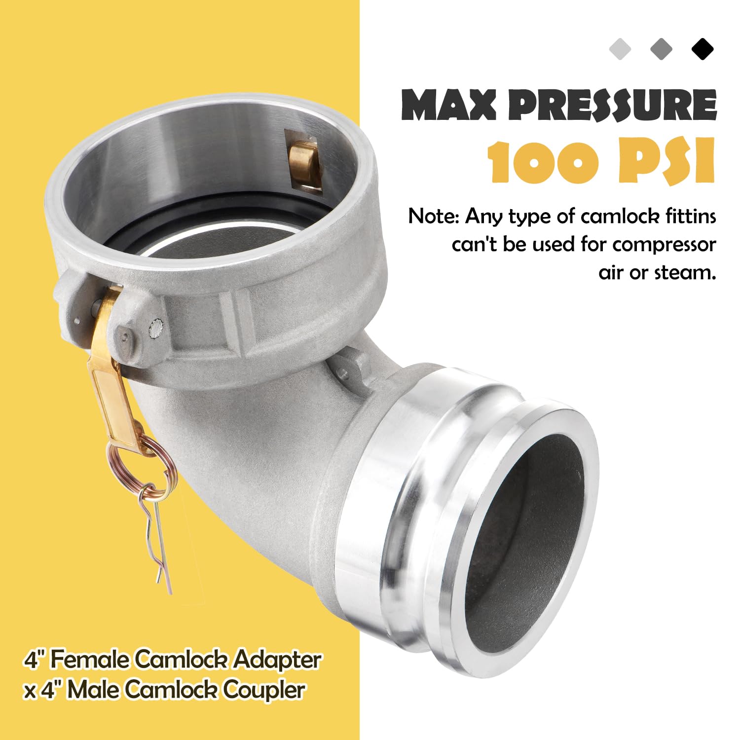 Acoplamiento de manguera de leva y ranura tipo DA, codo de 90 grados, Camlock hembra de 4 pulgadas x Camlock macho de 4 pulgadas, 100 PSI, material de aluminio, DA4040