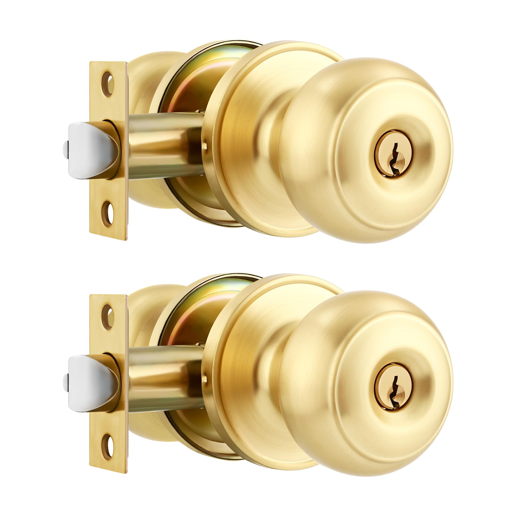 Heittis 2 Pack Gold Ball Door Knob, Satin Brass Round Front Door Handle Gold Entry Door Lock for Right or Left Handed Doors