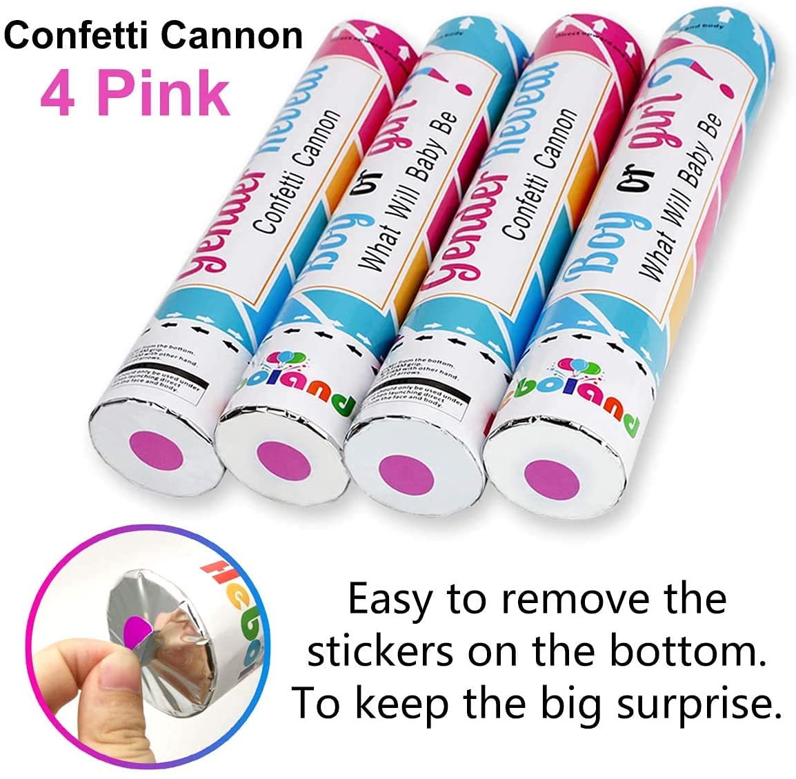 Gender Reveal Confetti Cannons Pink 4 Pack 12 Inch Party Cannons with Biodegradable Confetti for
