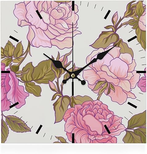 Pink Roses Flower Bloom Battery Operated Clock Clocks for Bedroom Battery Operated Wall Clock Non Ticking Silent Clocks Garage for Kitchen Bathroom