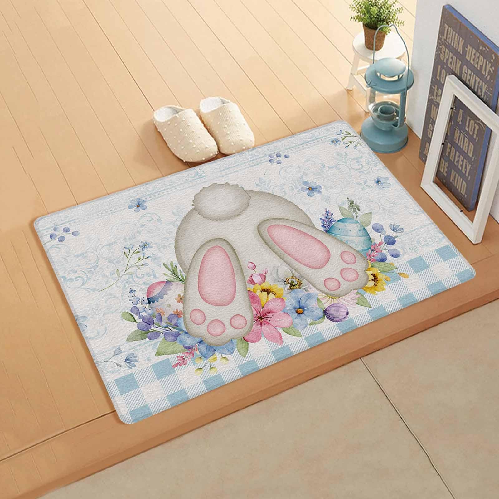 Easter Bunny Butt Kitchen Bath Door Mat Cushioned Runner Rug,Washable Welcome Floor Sink Antifatigue Mat,Waterproof & Non-Slip Comfort Standing Doormat,Easter Egg European Traditional Flower 18