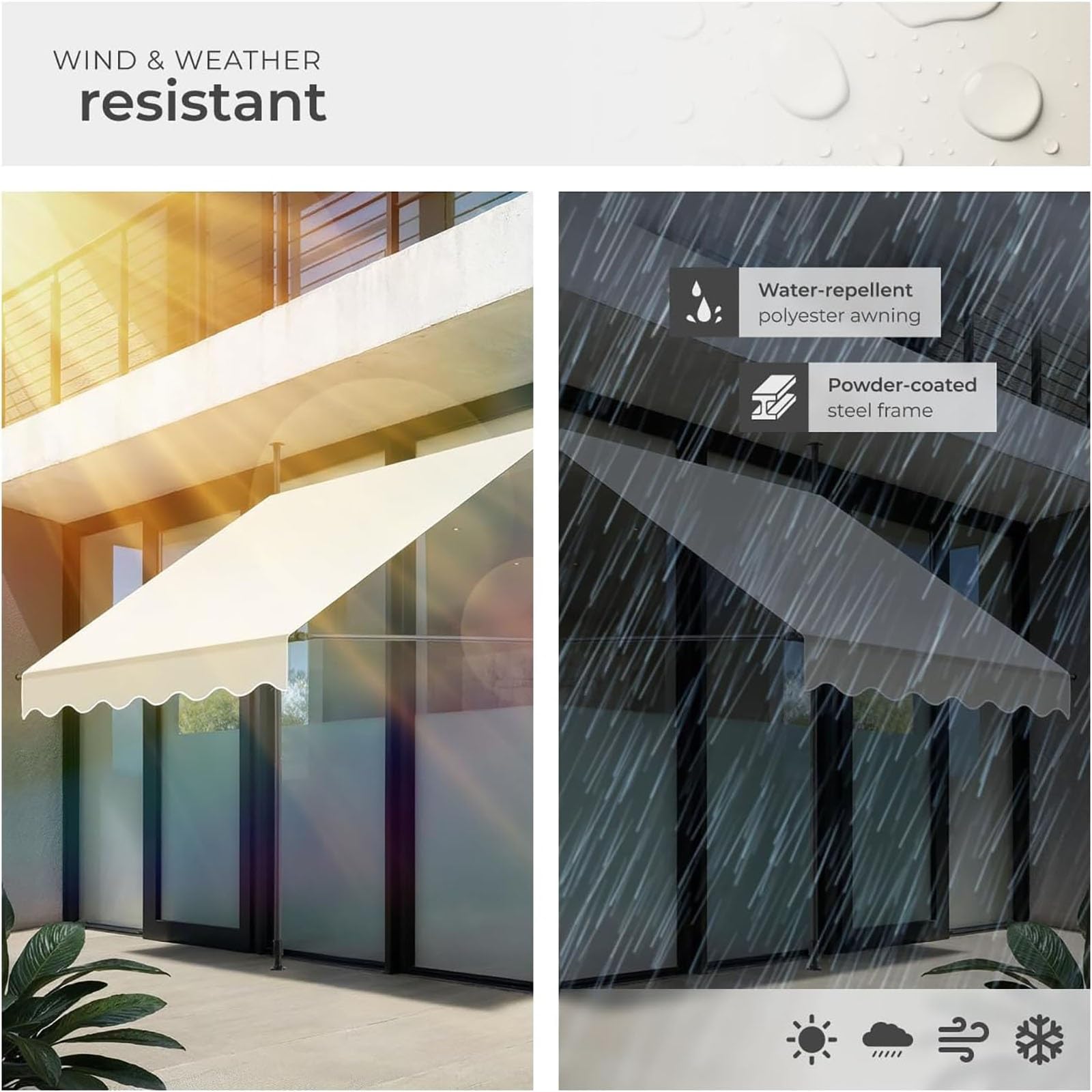 Marquise Soleil Enroulable avec Manivelle, Auvent sans perçage Télescopique, Imperméable Protection UV, pour Extérieur Patio, Hauteur réglable(Gray,150 * 150cm)