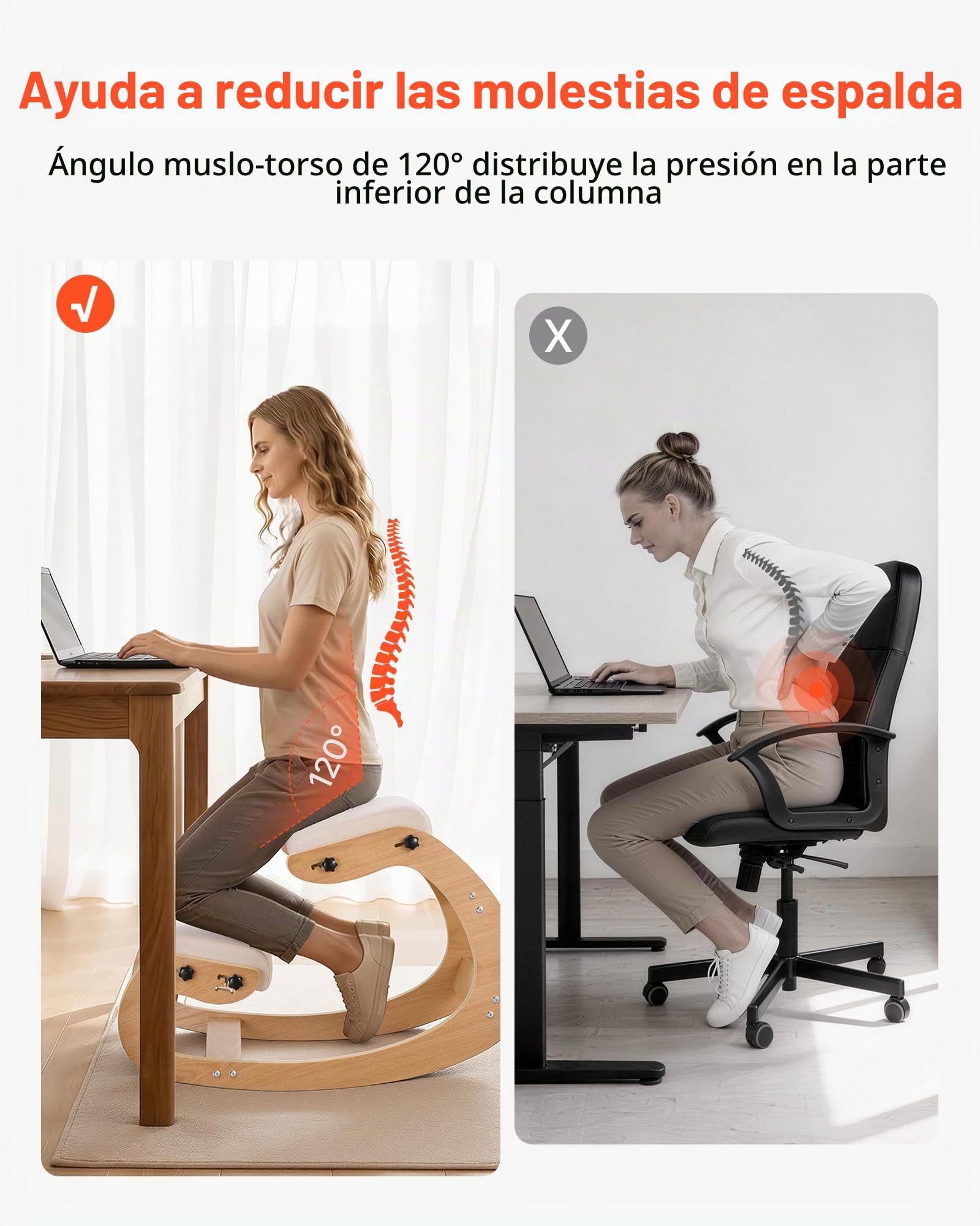 VEVOR Silla Ergonómica de Rodillas con Estructura de Madera, Cojines de Espuma Gruesa Ajustables Beiges, Taburete para Rodillas Carga de 120 kg, Relajación de Cuello y Espalda para Hogar, Oficina