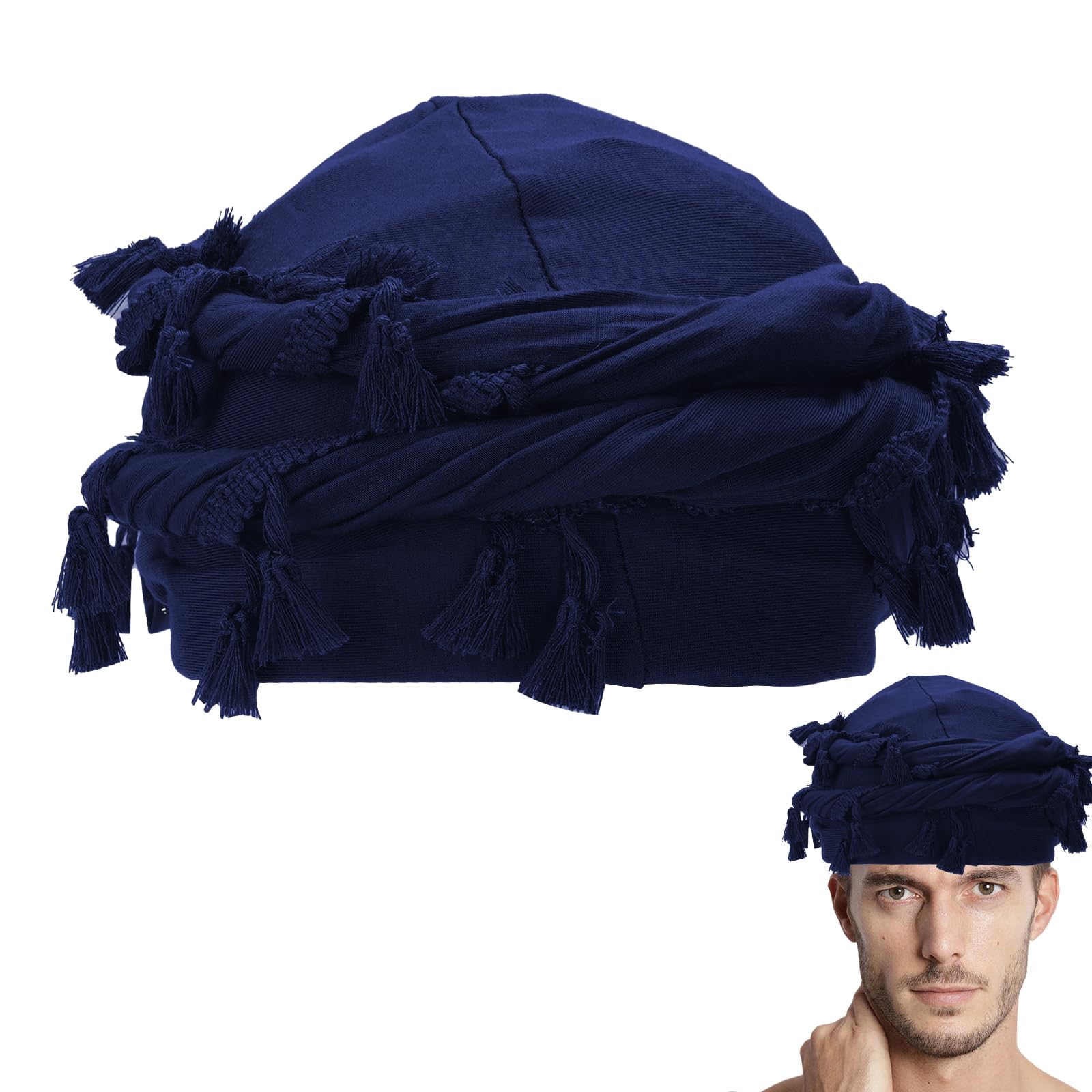 Adorila Cotton Durag Satin Lined Halo Turban Wraps, Unique Design Turban for Men, Tassel Beanie for Causal Life (Blue)