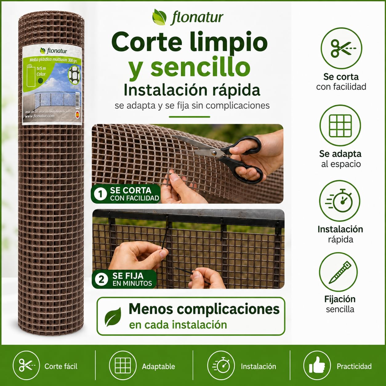 Malla de Plástico para Balcones y Terrazas 1x5m, Malla Rejilla Cerramientos de Color Marrón, Ancho del Cuadro 1x1 cms, Peso 300gr/m2